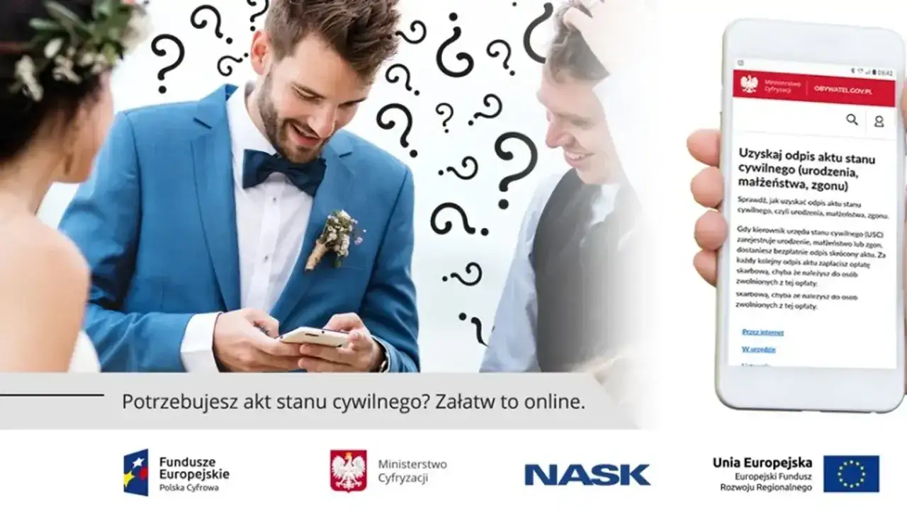 Młoda para i mężczyzna z telefonem, wokół znaki zapytania. Na ekranie telefonu informacja o akcie stanu cywilnego.
