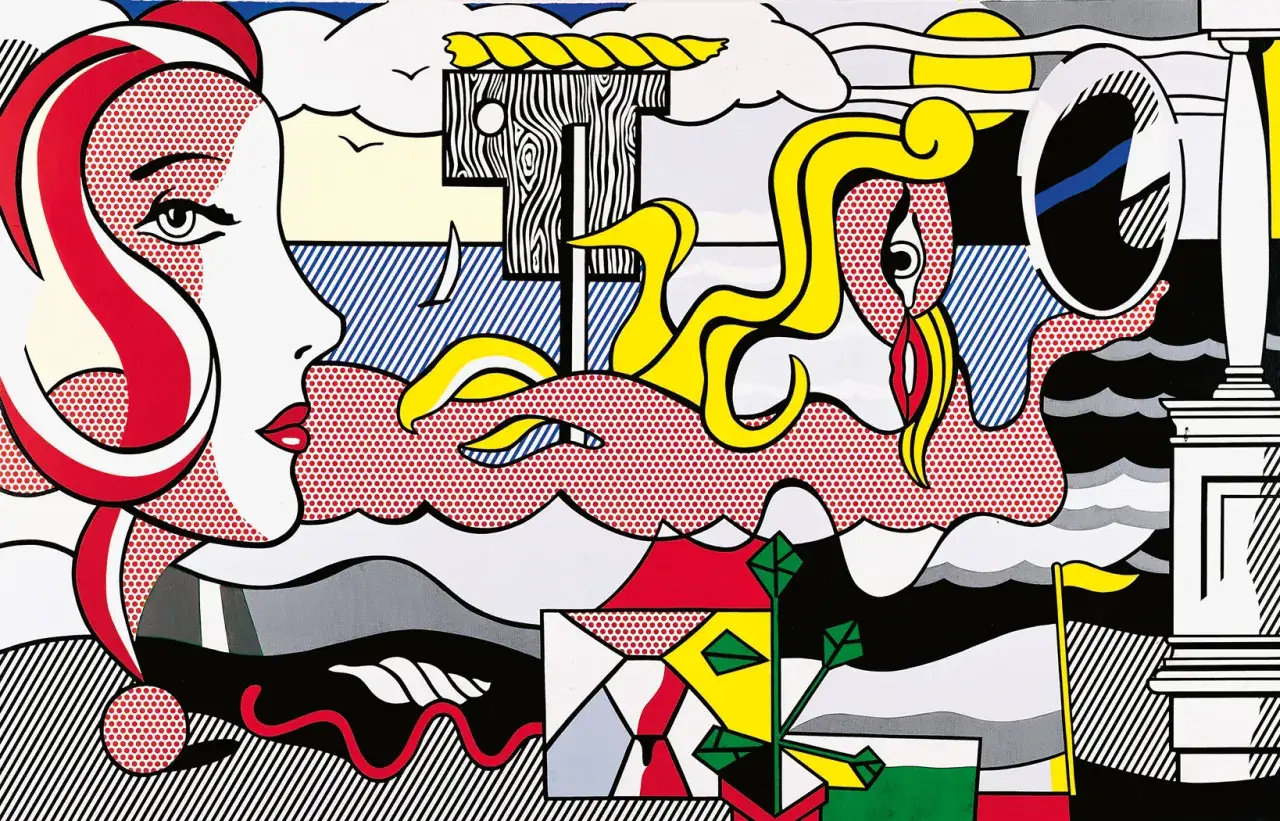Pop art w stylu Roy Lichtensteina: kobieta z czerwoną falującą fryzurą, fale, żaglówka i odbicie w lustrze. Łatwe do rozpoznania.