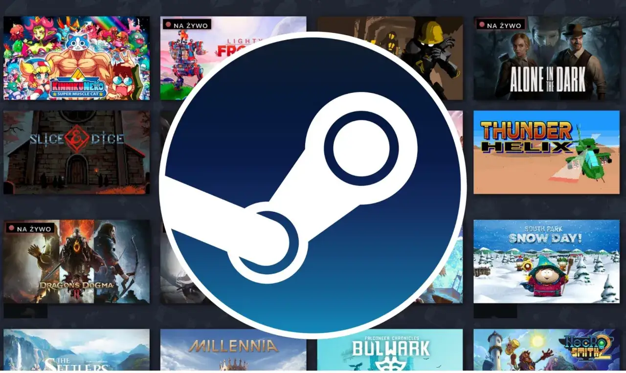 Logo Steam na tle okładek gier komputerowych.