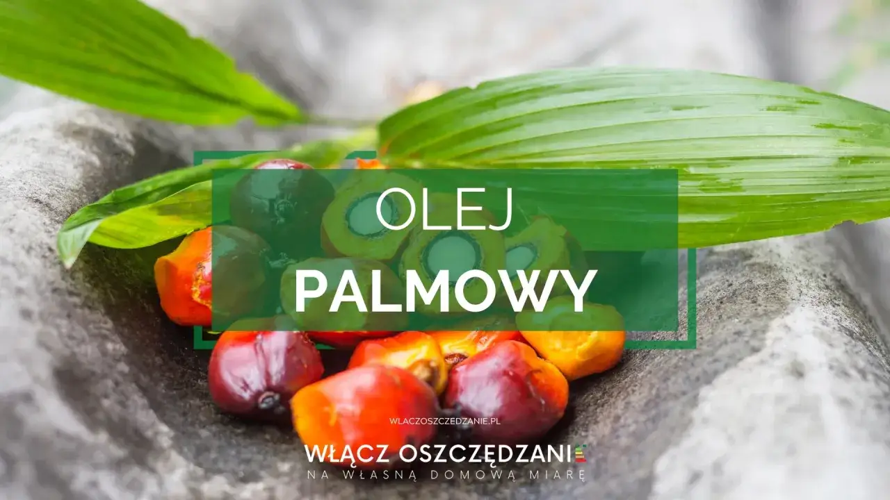Olej palmowy pozyskiwany z owoców palmy olejowej. Na zdjęciu widać przekrojone owoce i liście palmy.