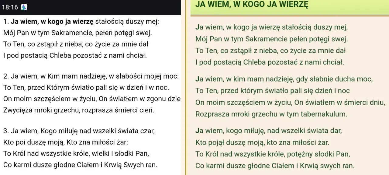 Fragment tekstu piosenki "Ja wiem, w kogo ja wierzę" z numeracją zwrotek.