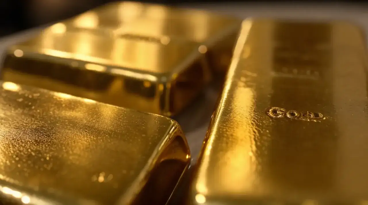Trzy błyszczące sztabki złota, jedna z napisem "GOLD".