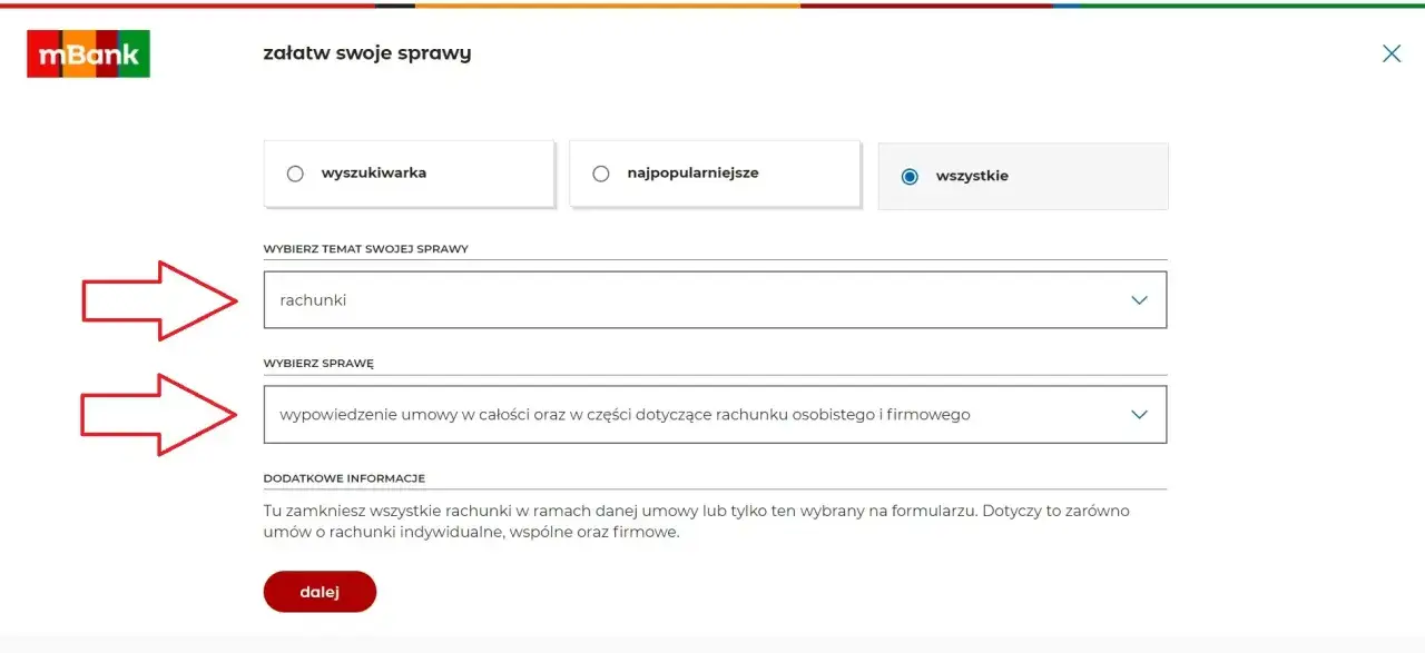 Formularz mBank: wybierz "rachunki", a następnie "wypowiedzenie umowy" by dowiedzieć się, jak zamknąć konto w mBank przez aplikację.