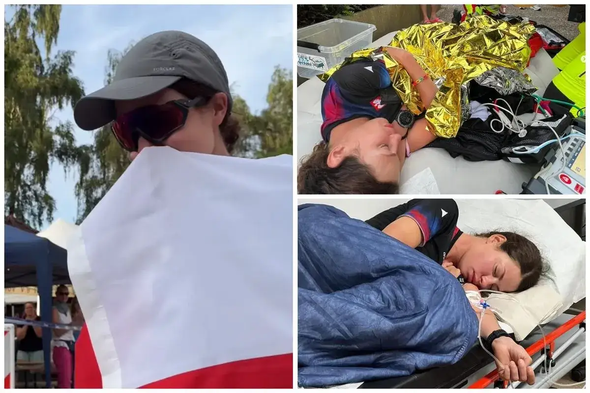 Alicja Pyszka Bazan po wyczerpującym biegu, otulona biało-czerwoną flagą i opatrywana przez ratowników.