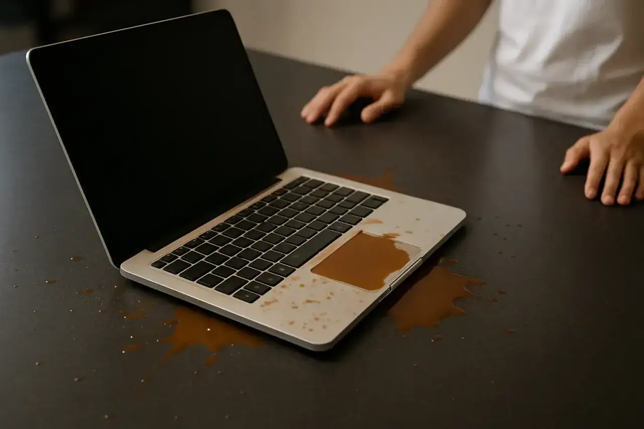 Zalany kawą laptop na biurku. Zastanawiasz się, co zrobić z zalanym laptopem? Szybka reakcja jest kluczowa!