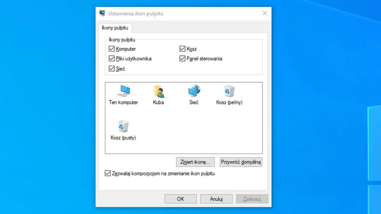 Ustawienia ikon pulpitu: jak usunąć ikonę z pulpitu, odznaczając ją na liście lub wybierając "Zmień ikonę".