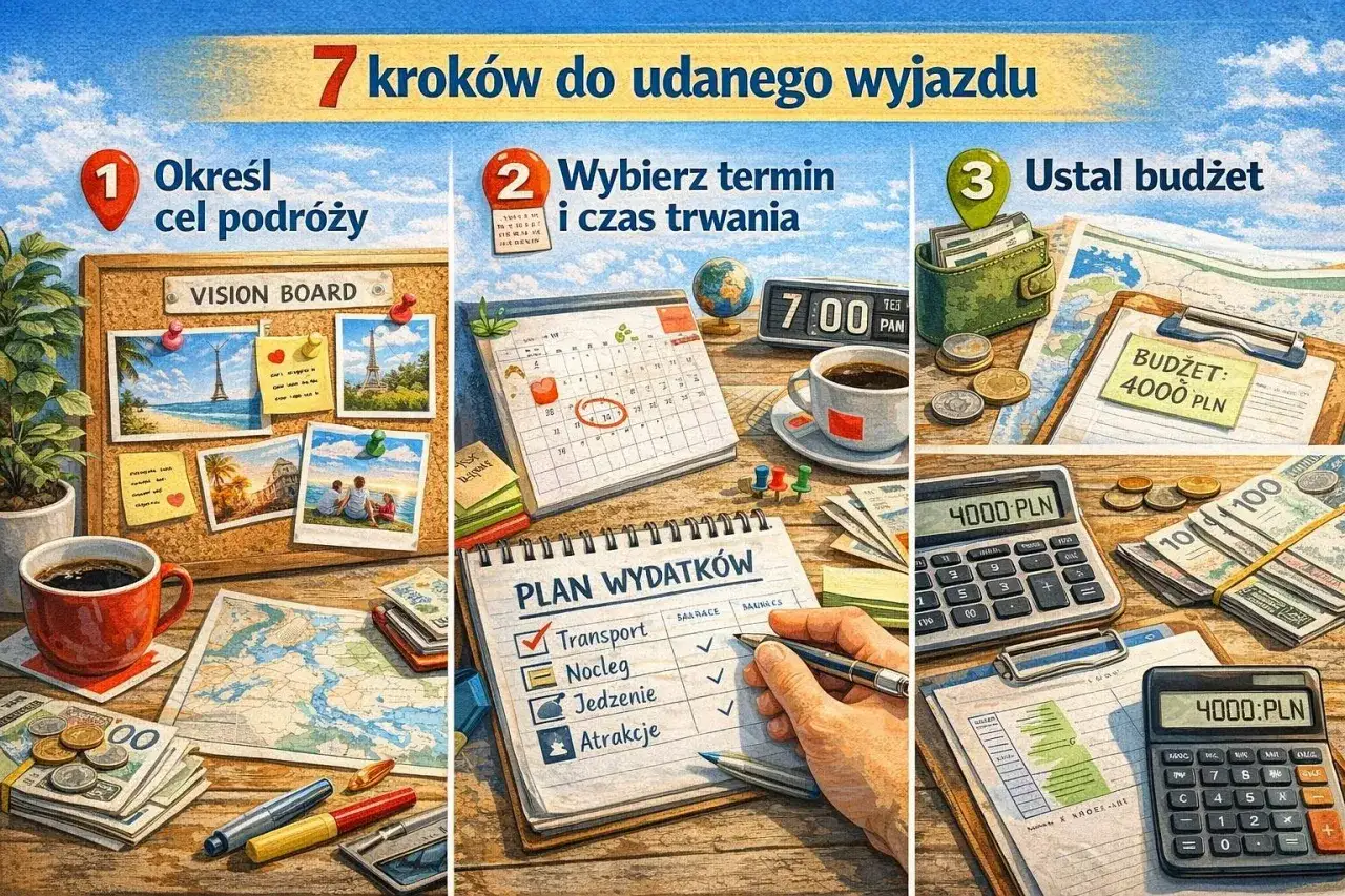 Jak zaplanować podróż: ustal cel, termin i budżet. Na stole vision board, kalendarz, kalkulator i plan wydatków.