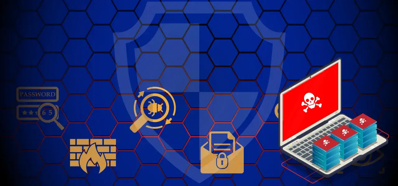 Ilustracja pokazuje zagrożenia cybernetyczne: laptop z czaszką, stosy serwerów z czaszkami, lupa z robakiem, zablokowana koperta, hasło i zapora ogniowa. To pokazuje, co to botnet.