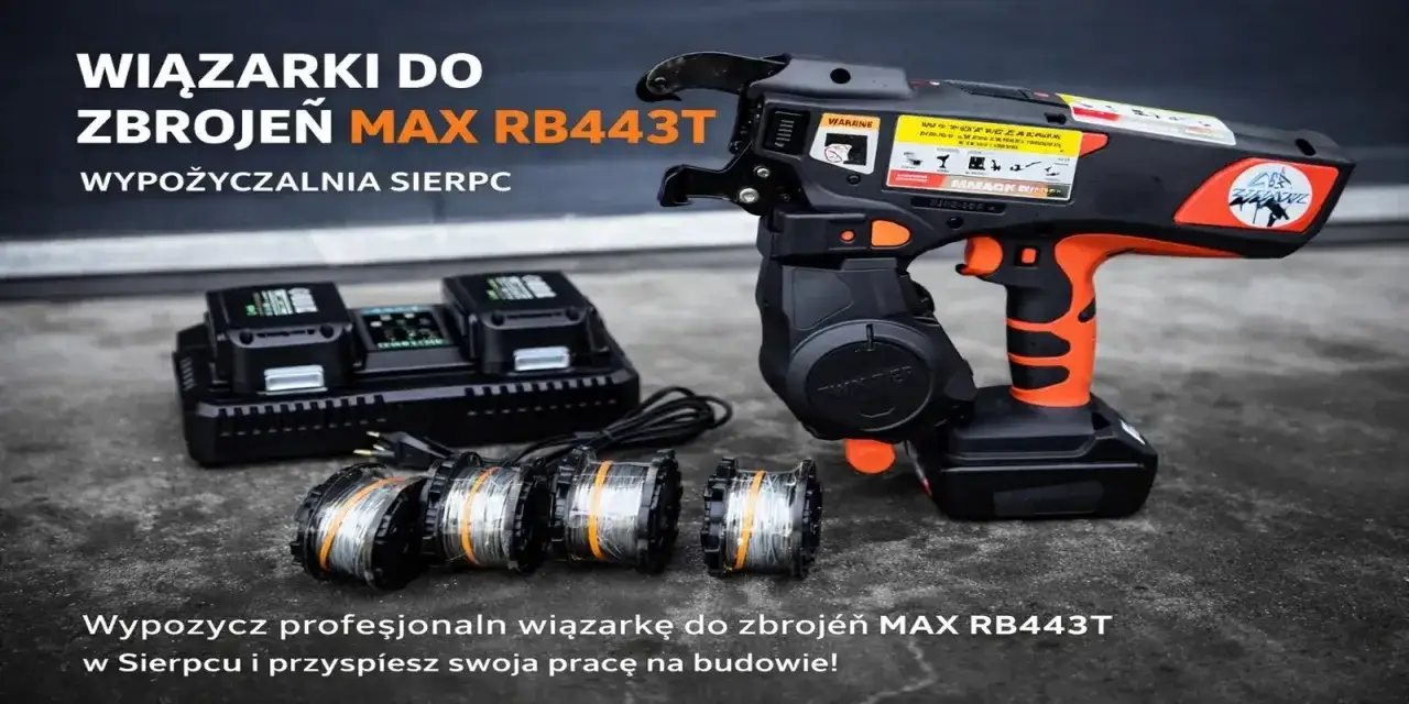 Profesjonalna wiązarka do zbrojeń MAX RB443T z akumulatorami i szpulami drutu.
