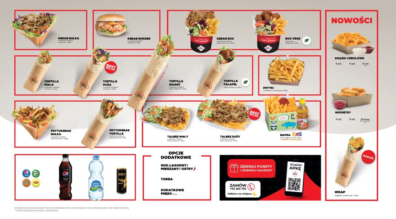 Bafra Kebab oferuje różnorodne dania, od tortilli po boxy i frytki. Sprawdź kalorie i wybierz swój ulubiony kebab!