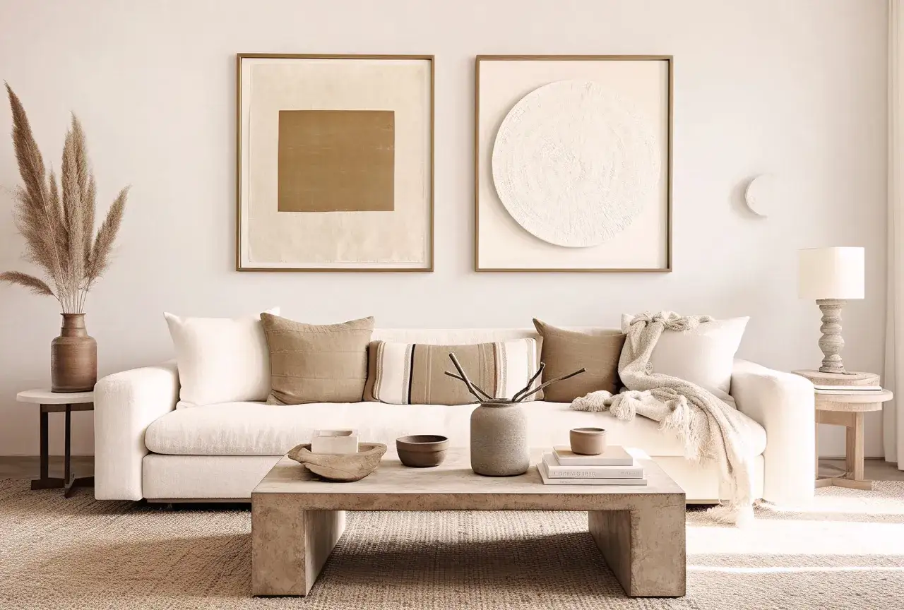 Przytulny salon z sofą, stolikiem kawowym i dekoracjami na tle białej ściany.