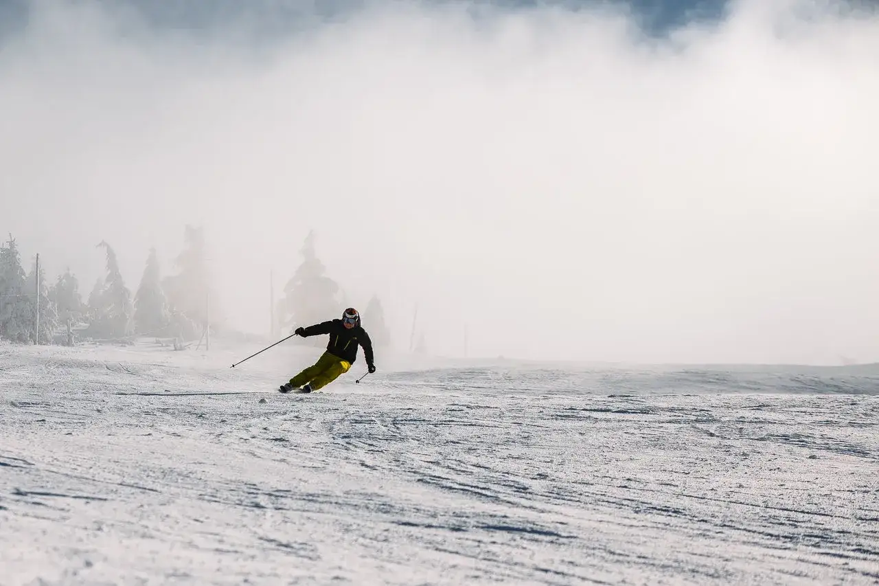 Narciarz w żółtych spodniach i czarnej kurtce zjeżdża po ośnieżonym stoku, otoczony mgłą i drzewami.