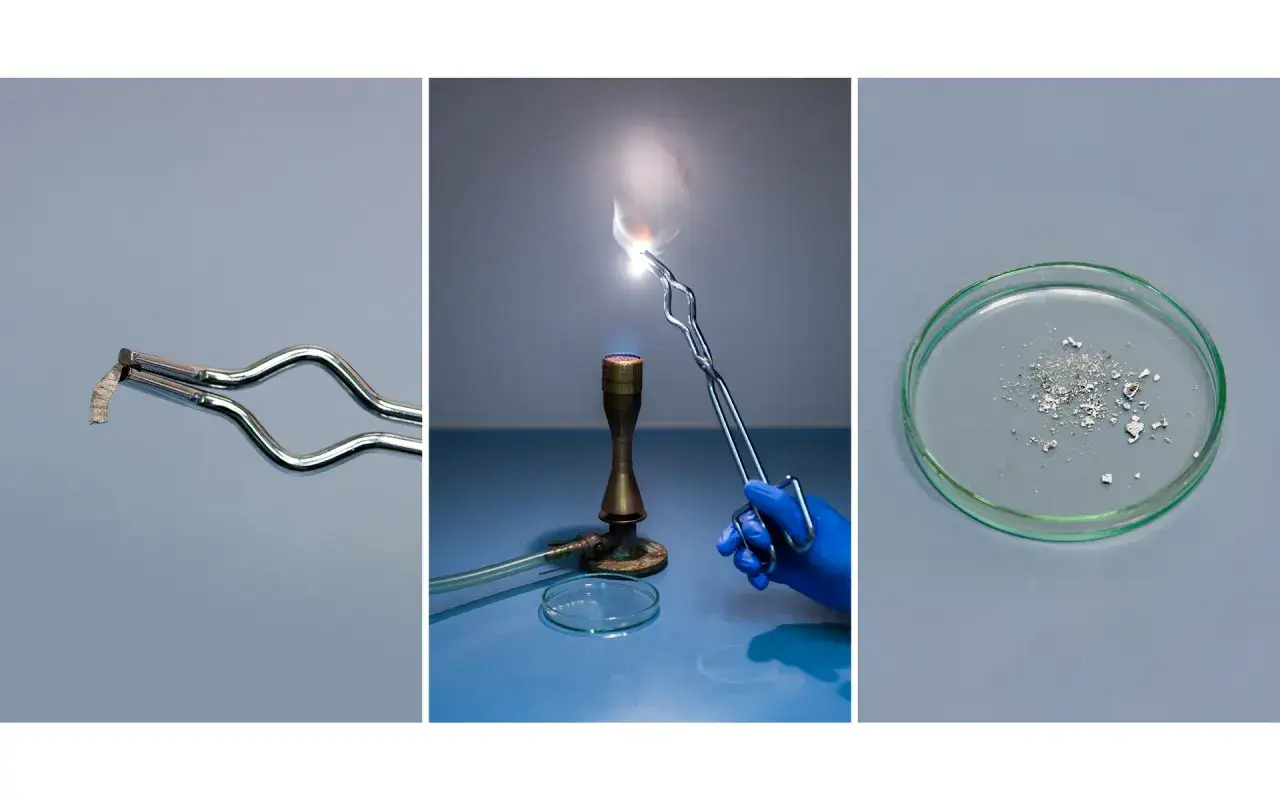 Eksperyment chemiczny: próbka materiału, płomień palnika i pozostałość. To zjawisko fizyczne pokazuje reakcję chemiczną.