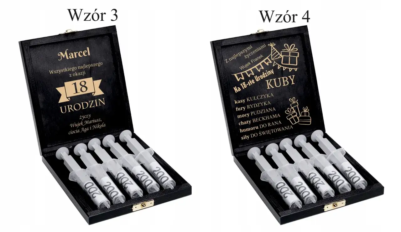 Dwie czarne szkatułki z grawerem na 18 urodziny. W jednej, dla Marcela, życzenia i strzykawki z napisem "200". W drugiej, dla Kuby, życzenia i strzykawki. Oryginalny sposób, jak zapakować pieniądze na 18 urodziny.