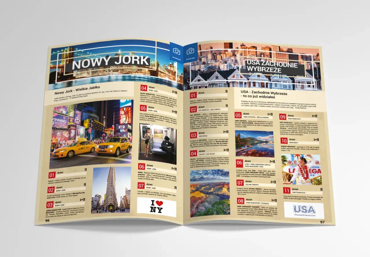 Otwarta broszura z mapami i zdjęciami Nowego Jorku i Zachodniego Wybrzeża USA.