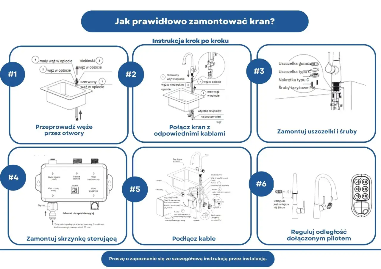 Instrukcja krok po kroku: jak działa kran. Schemat montażu i podłączenia elementów, w tym węży, uszczelek, śrub i skrzynki sterującej.