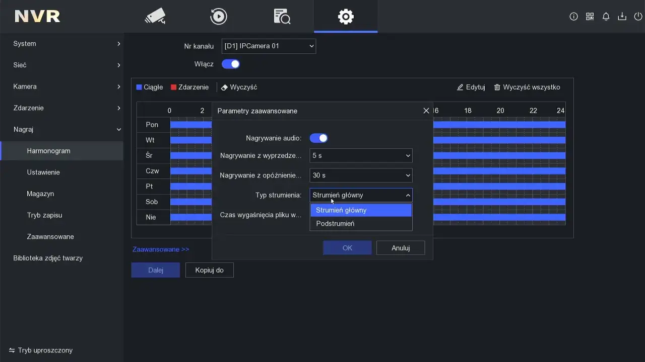 Konfiguracja harmonogramu nagrywania dla ds 7608ni k2. Wybrano strumień główny, nagrywanie z wyprzedzeniem 5s i opóźnieniem 30s.