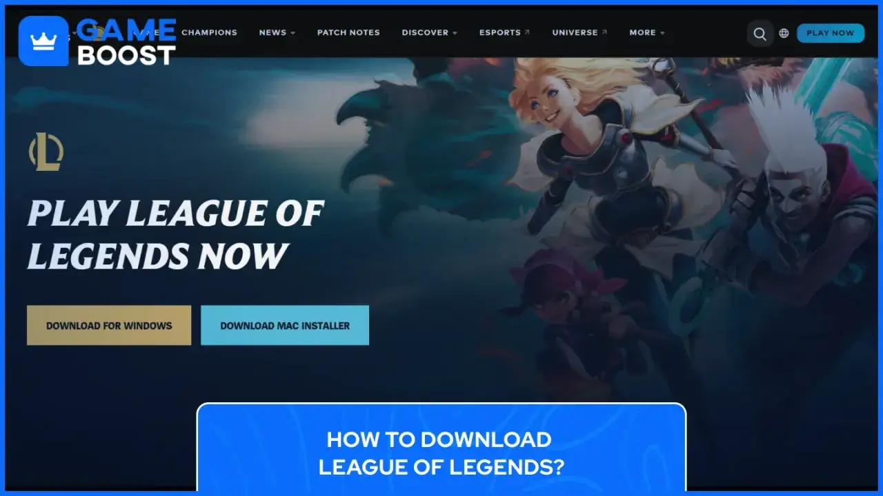 Postać Lux i Ekko z League of Legends na tle gry, przyciski pobierania.