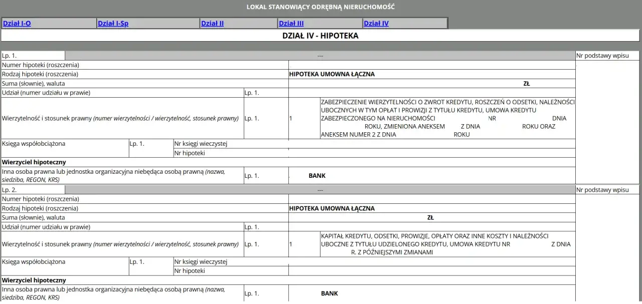 Fragment dokumentu z działem IV - Hipoteka, zawierający wpisy dotyczące hipotek umownych łącznych.