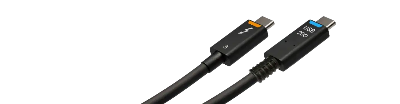 Dwa kable USB-C. Jeden z symbolem błyskawicy i oznaczeniem "3", drugi z napisem "USB 20G".