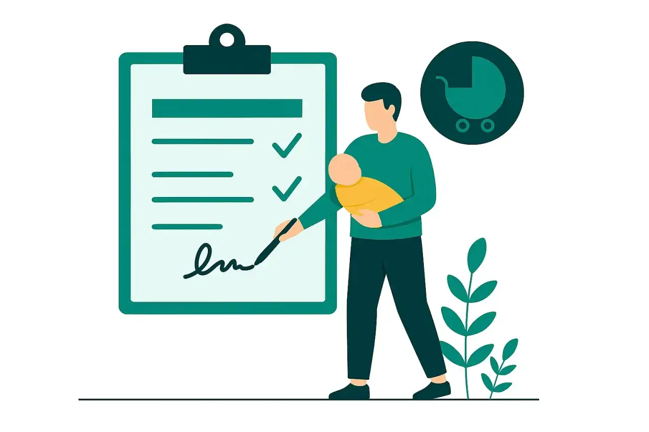 Ojciec z dzieckiem na ręku podpisuje wniosek o urlop ojcowski. Obok wózek dziecięcy.