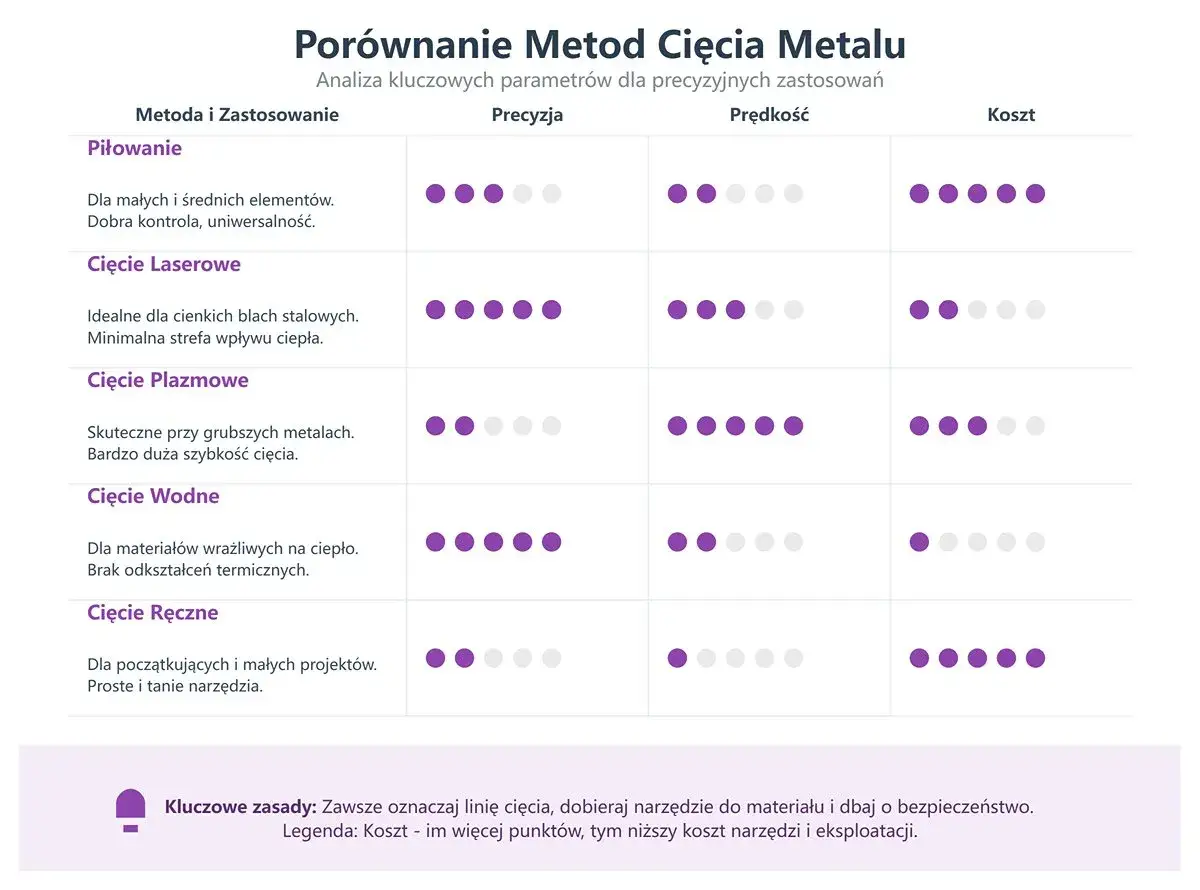 Tabela porównuje metody cięcia metalu. Cięcie plazmowe jest skuteczne przy grubych metalach i oferuje dużą szybkość.