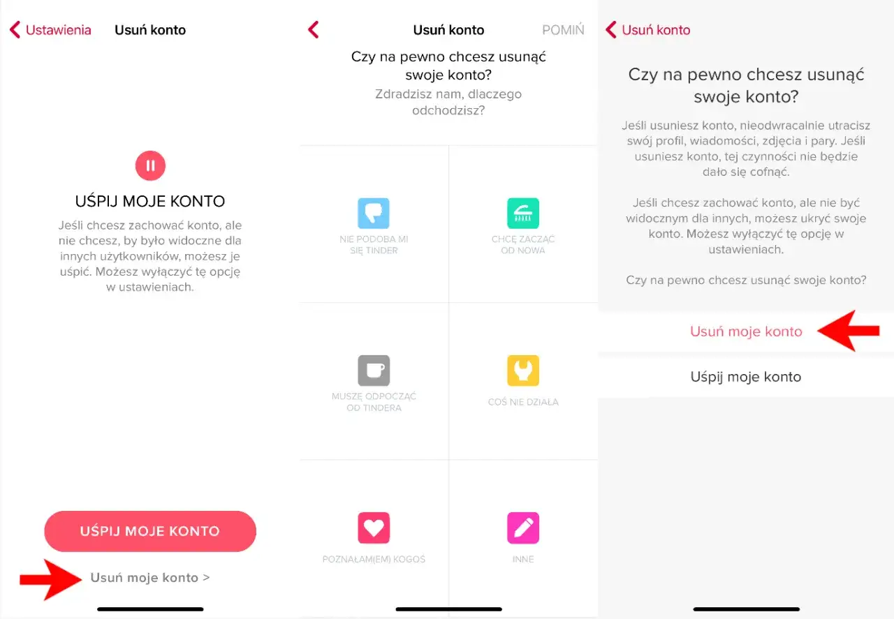 Ekran aplikacji Tinder pokazujący opcje usunięcia konta. Widoczny przycisk "Usuń moje konto" jako krok, jak usunąć konto na Tinderze.