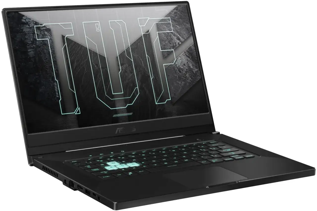 Czarny laptop ASUS TUF z podświetlaną klawiaturą i logo TUF na ekranie.