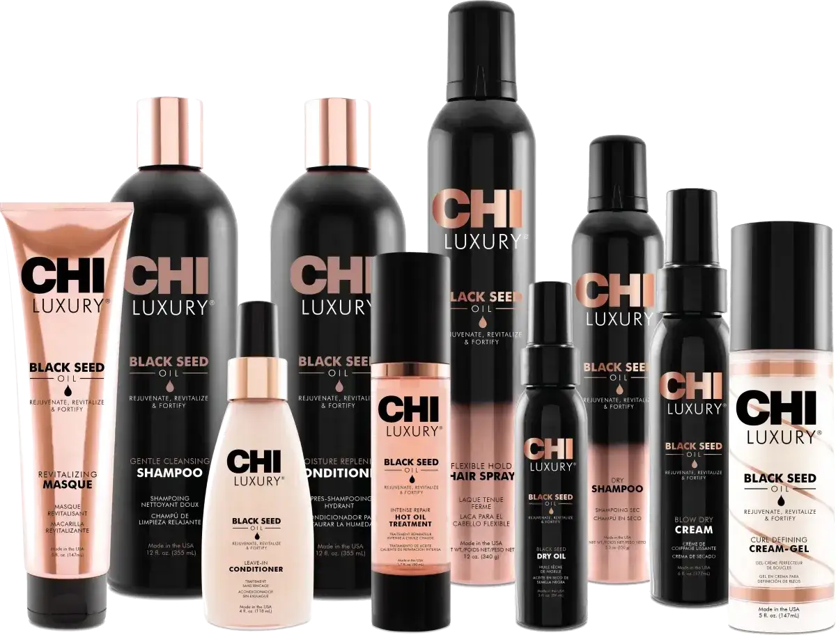 Linia kosmetyków CHI Luxury z olejkiem z czarnuszki na włosy: szampon, odżywka, maska, suchy olejek, suchy szampon, spray do włosów, krem do stylizacji i żel do loków.