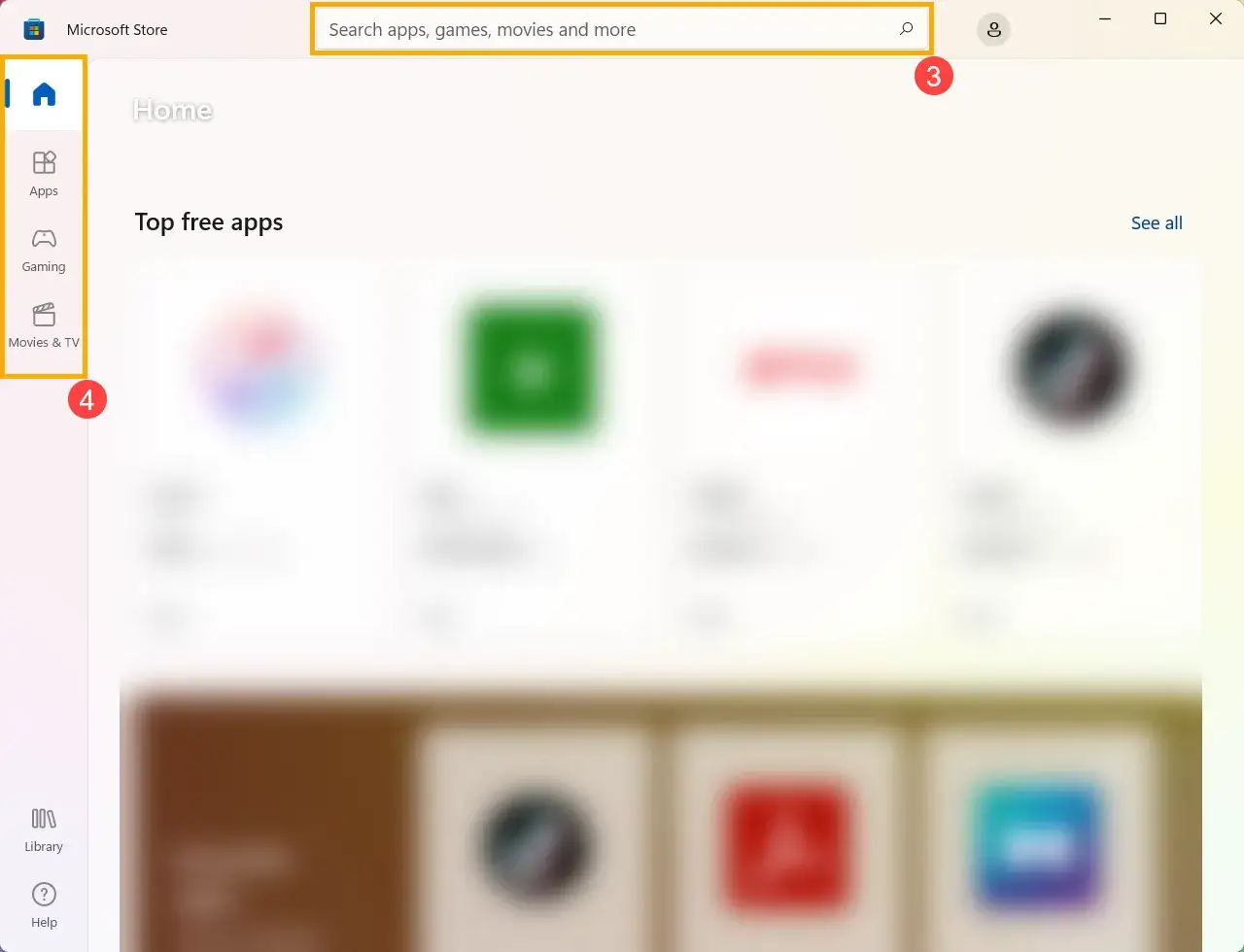 Ekran główny Microsoft Store z paskiem wyszukiwania i menu po lewej stronie.