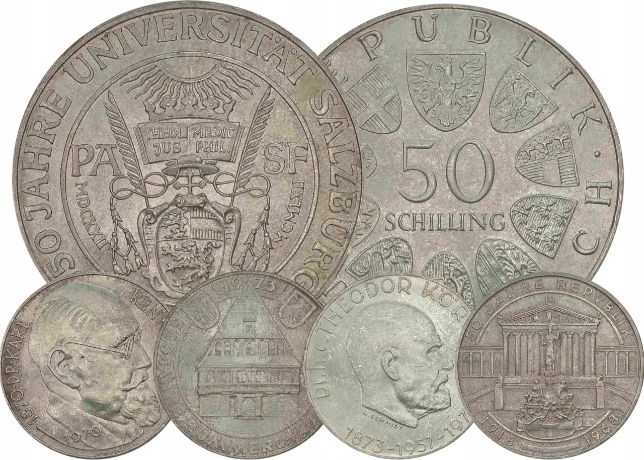 Kiedyś drobniak w Austrii. Kolekcja monet upamiętniających 50-lecie republiki, uniwersytet w Salzburgu i postacie historyczne.