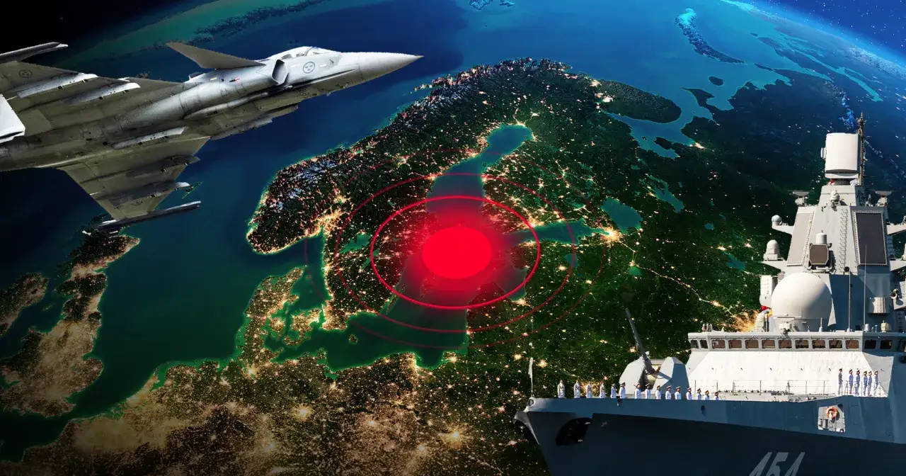 Nocny widok Ziemi z satelity, nad Bałtykiem myśliwiec i okręt wojenny. Czy Rosja ma dostęp do morza bałtyckiego?