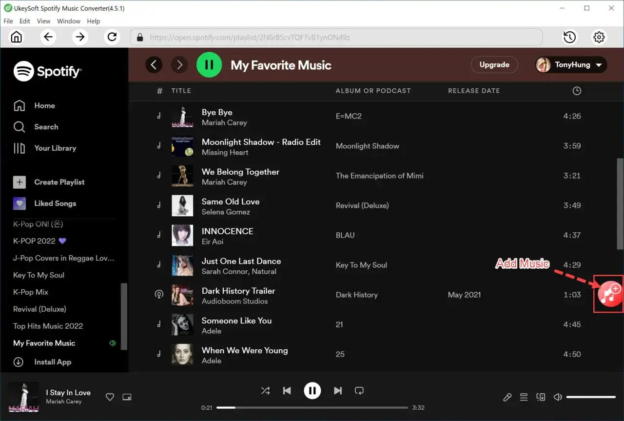 Spotify: lista utworów "My Favorite Music" z zaznaczonym przyciskiem dodawania muzyki.