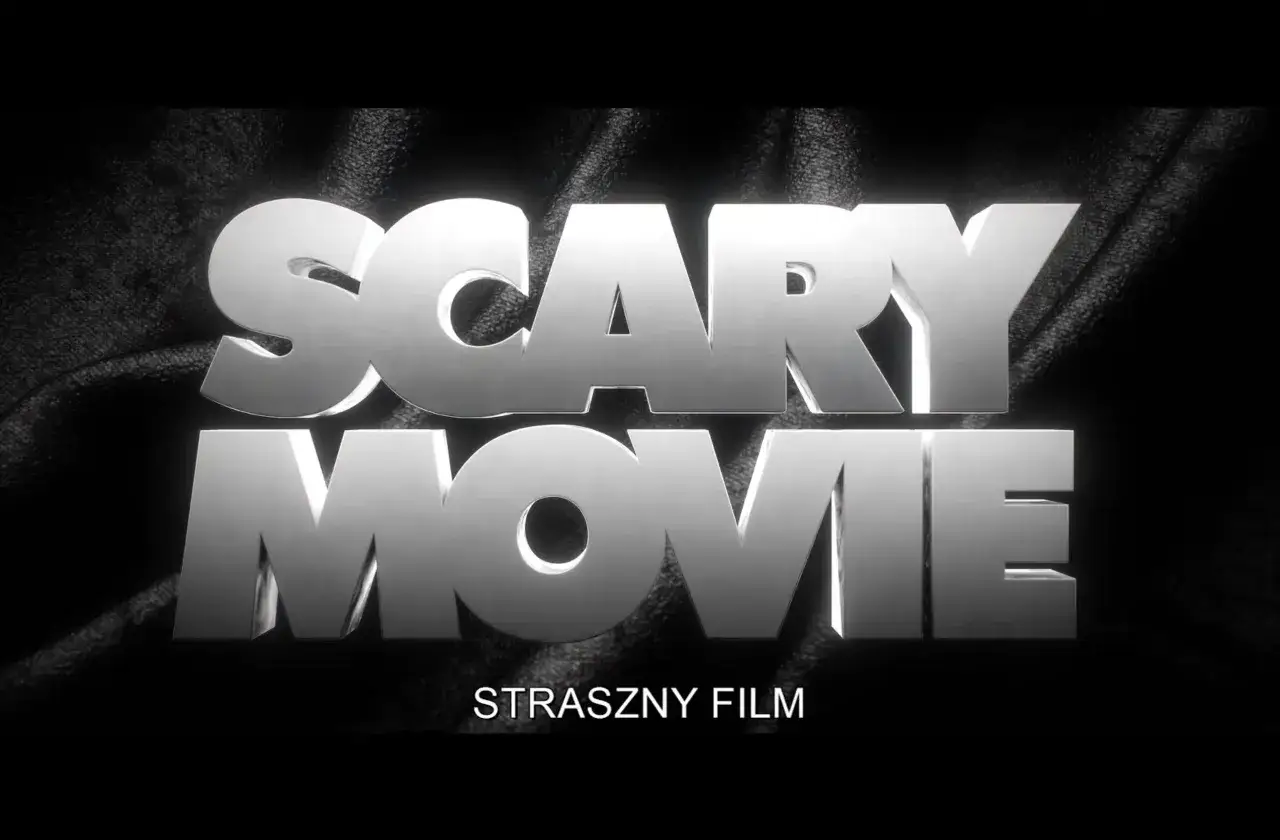 Napis "SCARY MOVIE" w metalicznym połysku, poniżej mniejszy napis "STRASZNY FILM".