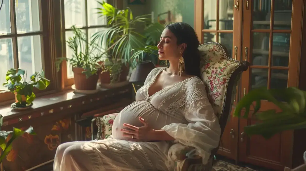 Kobieta w ciąży siedzi w fotelu, relaksując się. To idealny moment, by dowiedzieć się, jak przygotować się do pierwszego badania prenatalnego.