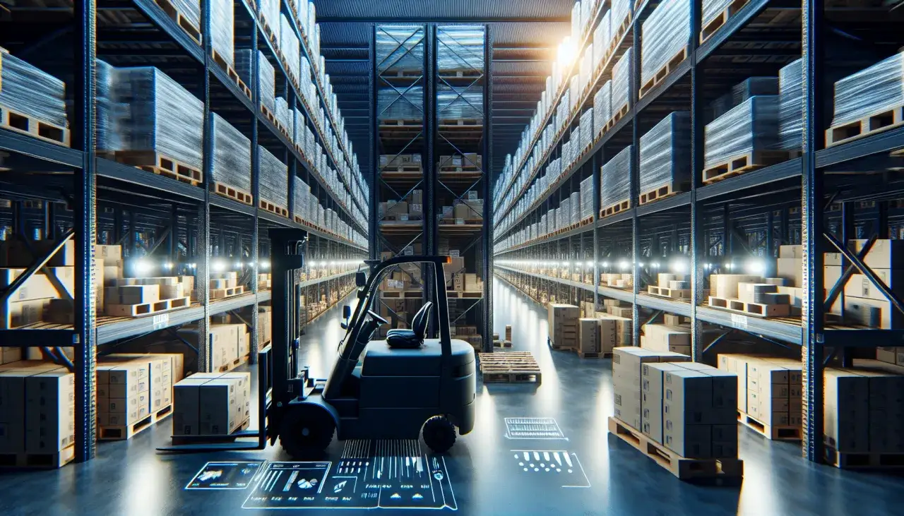 Wózek widłowy w nowoczesnym magazynie. W tle regały z towarami. Na podłodze hologramy, jakby dla magazyniera kod zawodu.