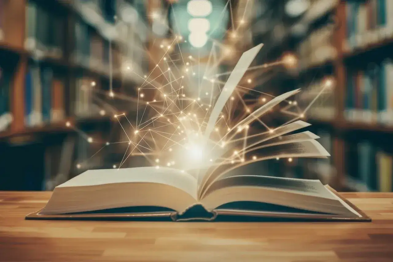 Otwarta księga z magicznymi światłami i siecią połączeń na tle biblioteki.