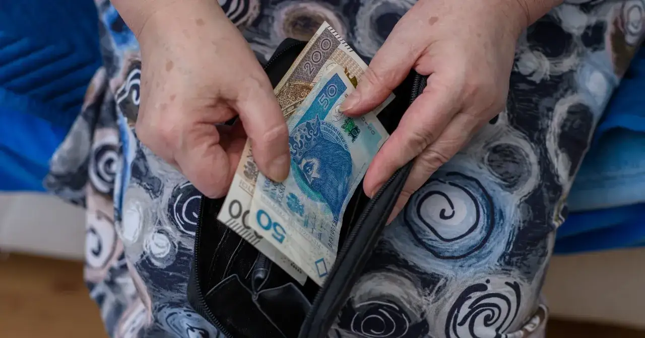 Dłonie wkładają polskie banknoty 50 i 200 zł do czarnego portfela.