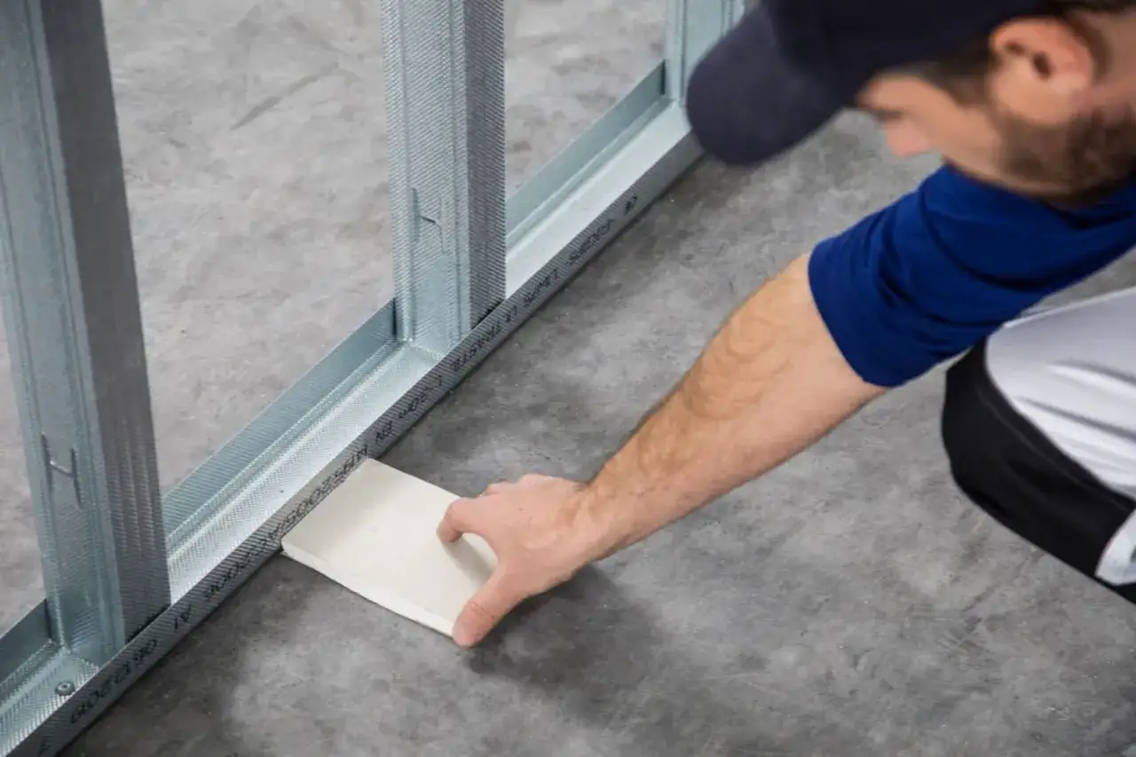 Montaż stelaża pod ściankę z karton gipsu. Ręka kładzie płytę na profilu podłogowym.