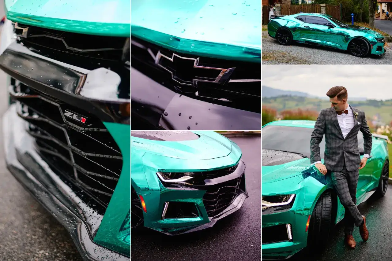 Błyszczący, turkusowy Chevrolet Camaro z bliska i z panem młodym w garniturze.