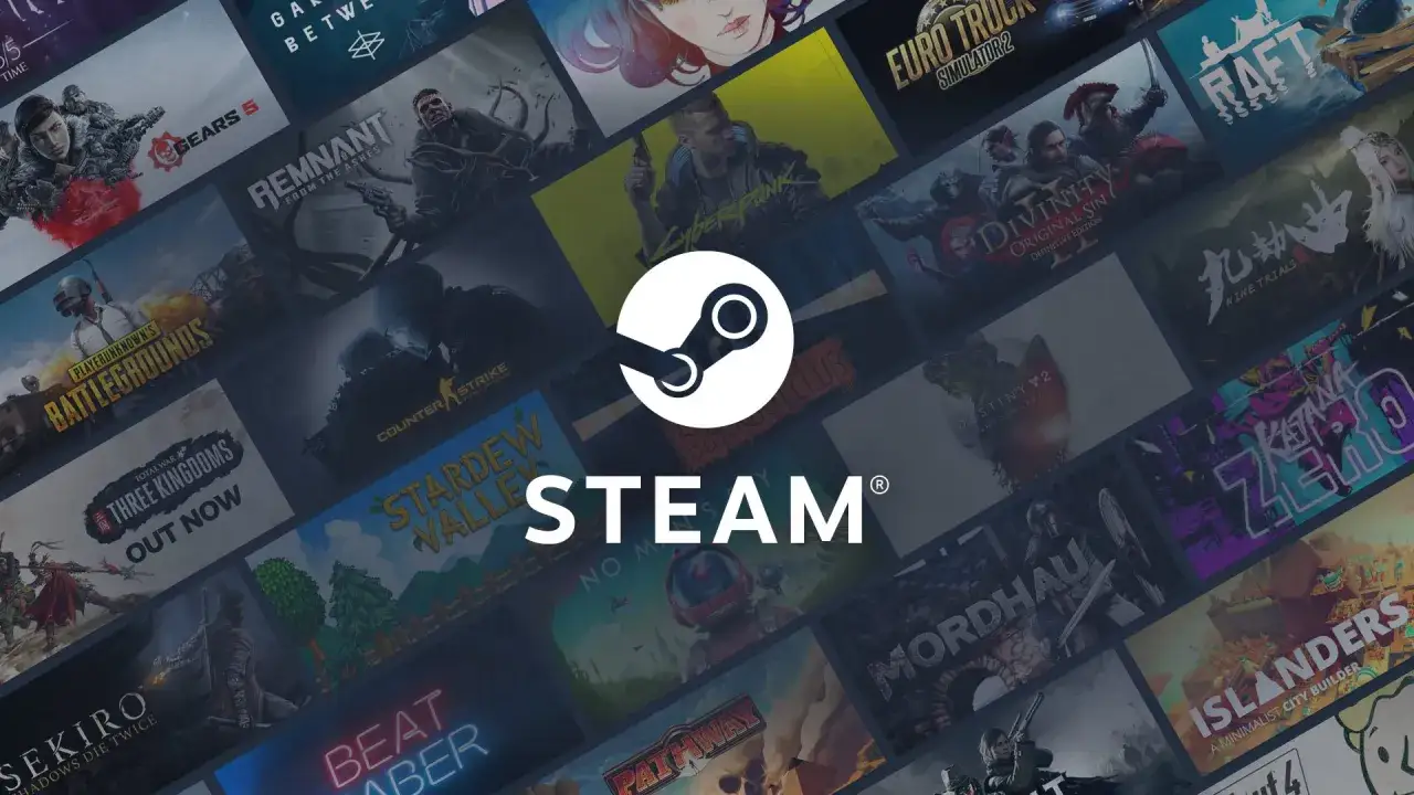 Logo Steam na tle kolaży z okładek gier.