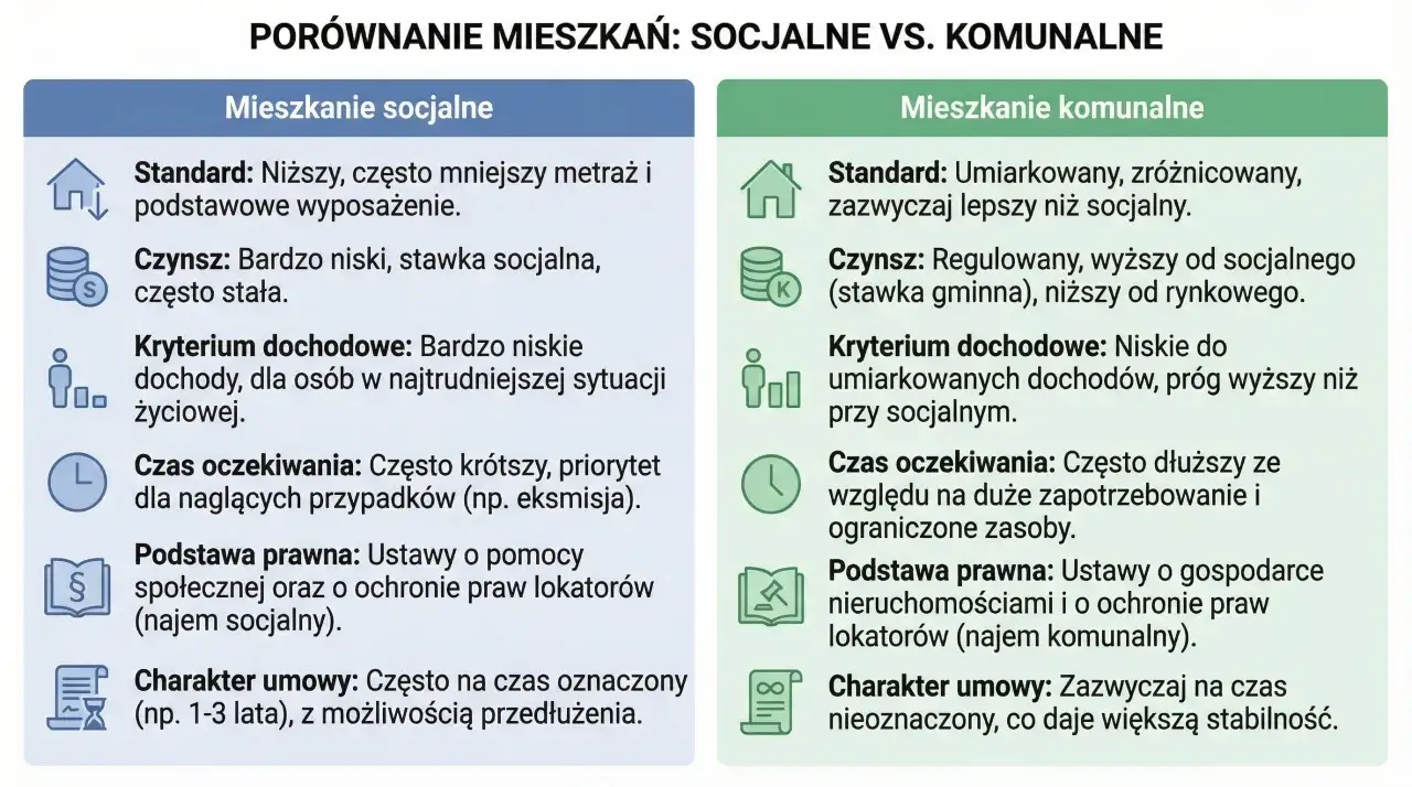 Porównanie mieszkań: socjalne vs. komunalne. Mieszkanie socjalne to niższy standard, niski czynsz i kryterium dochodowe dla osób w trudnej sytuacji.