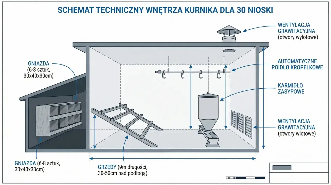 Schemat kurnika dla 30 kur niosek: gniazda, grzędy, karmidło, poidełko i wentylacja. Podstawy jak hodować kury nioski.