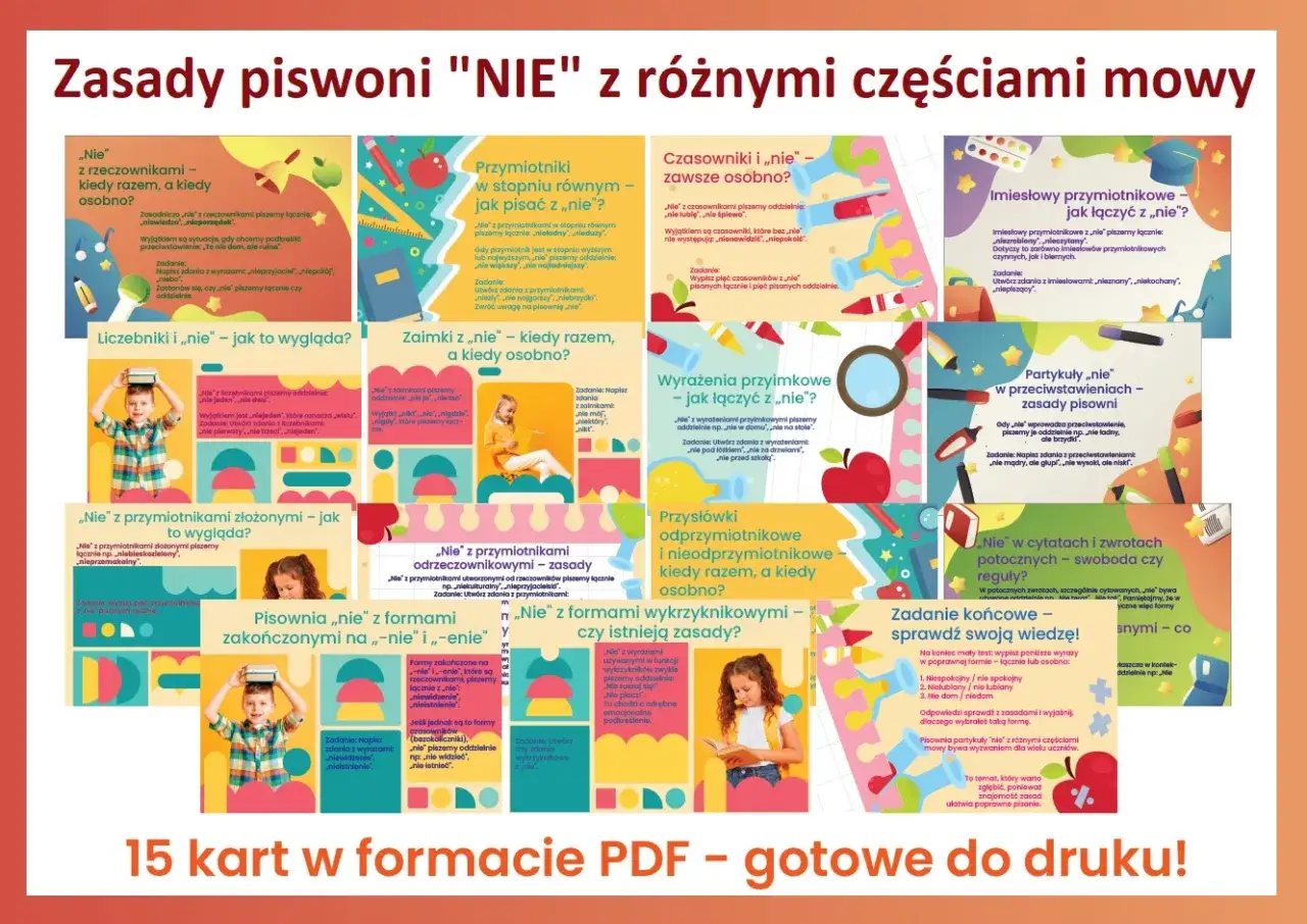 Kolorowa grafika z tekstem i ilustracjami na temat pisowni "nie" z różnymi częściami mowy.