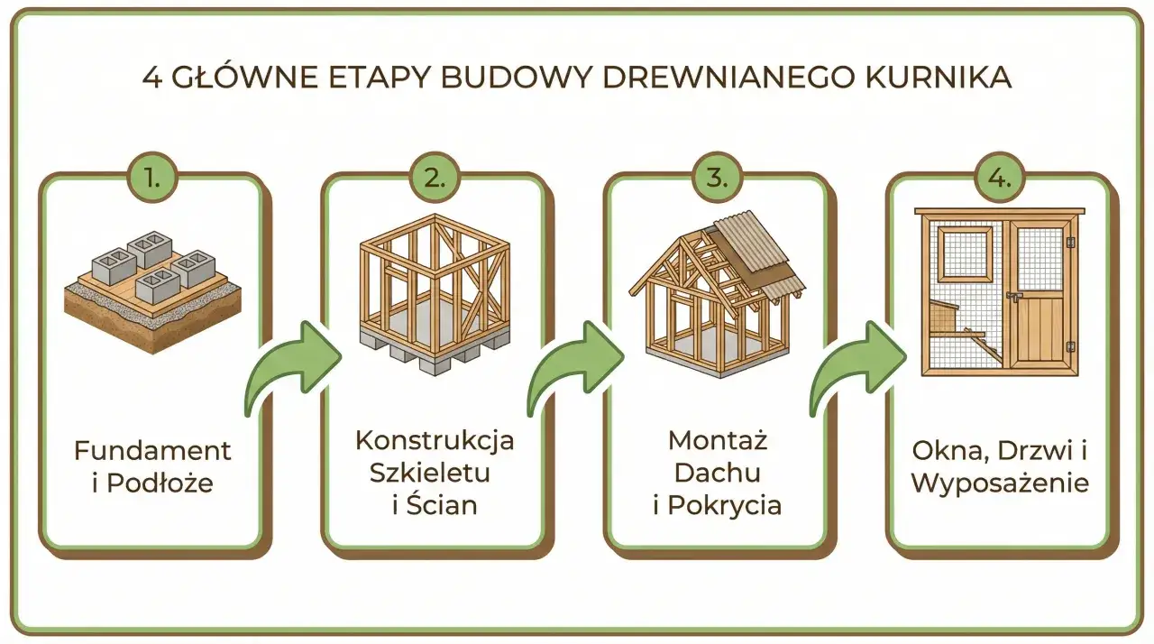 4 etapy budowy drewnianego kurnika na 30 kur: fundament, konstrukcja szkieletu, montaż dachu i wyposażenie.