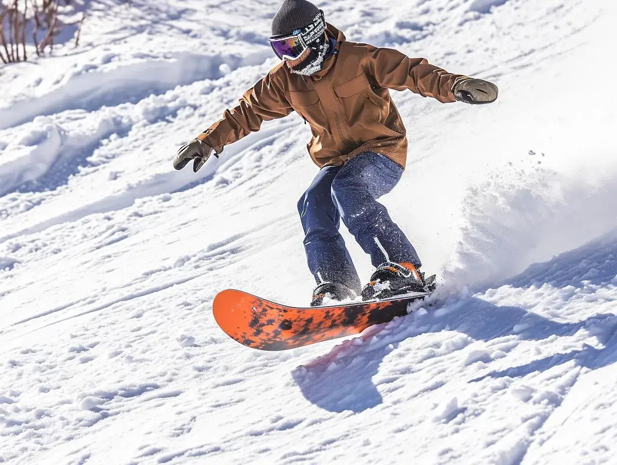 Mężczyzna na desce snowboardowej męskiej zjeżdża po ośnieżonym stoku, tworząc obłok śniegu.