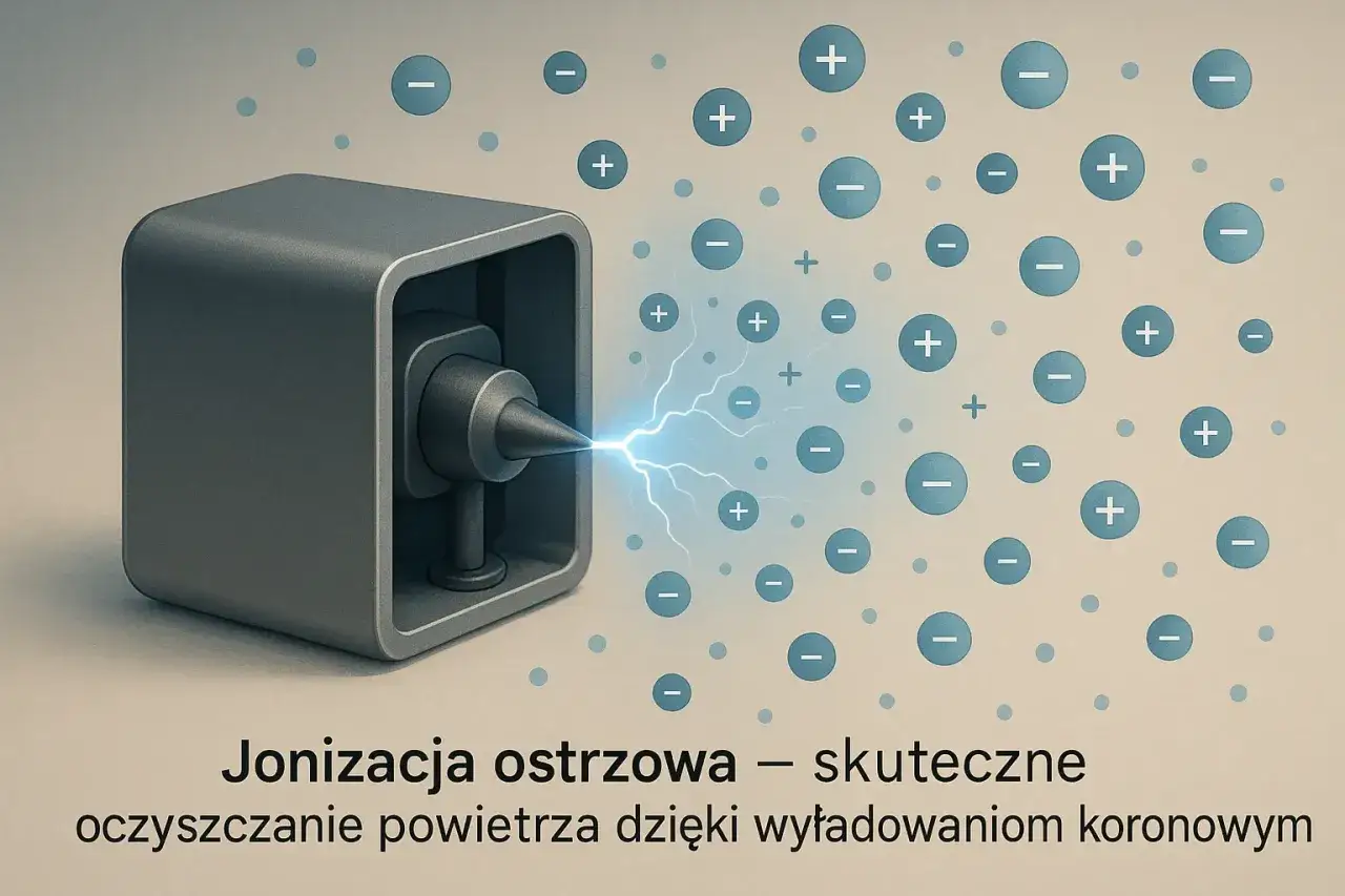 Urządzenie emituje wyładowania, które inicjują jonizację powietrza, tworząc jony dodatnie i ujemne.