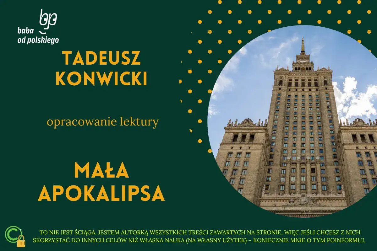 Pałac Kultury i Nauki w Warszawie na tle nieba, z tekstem "Mała Apokalipsa" i logo.