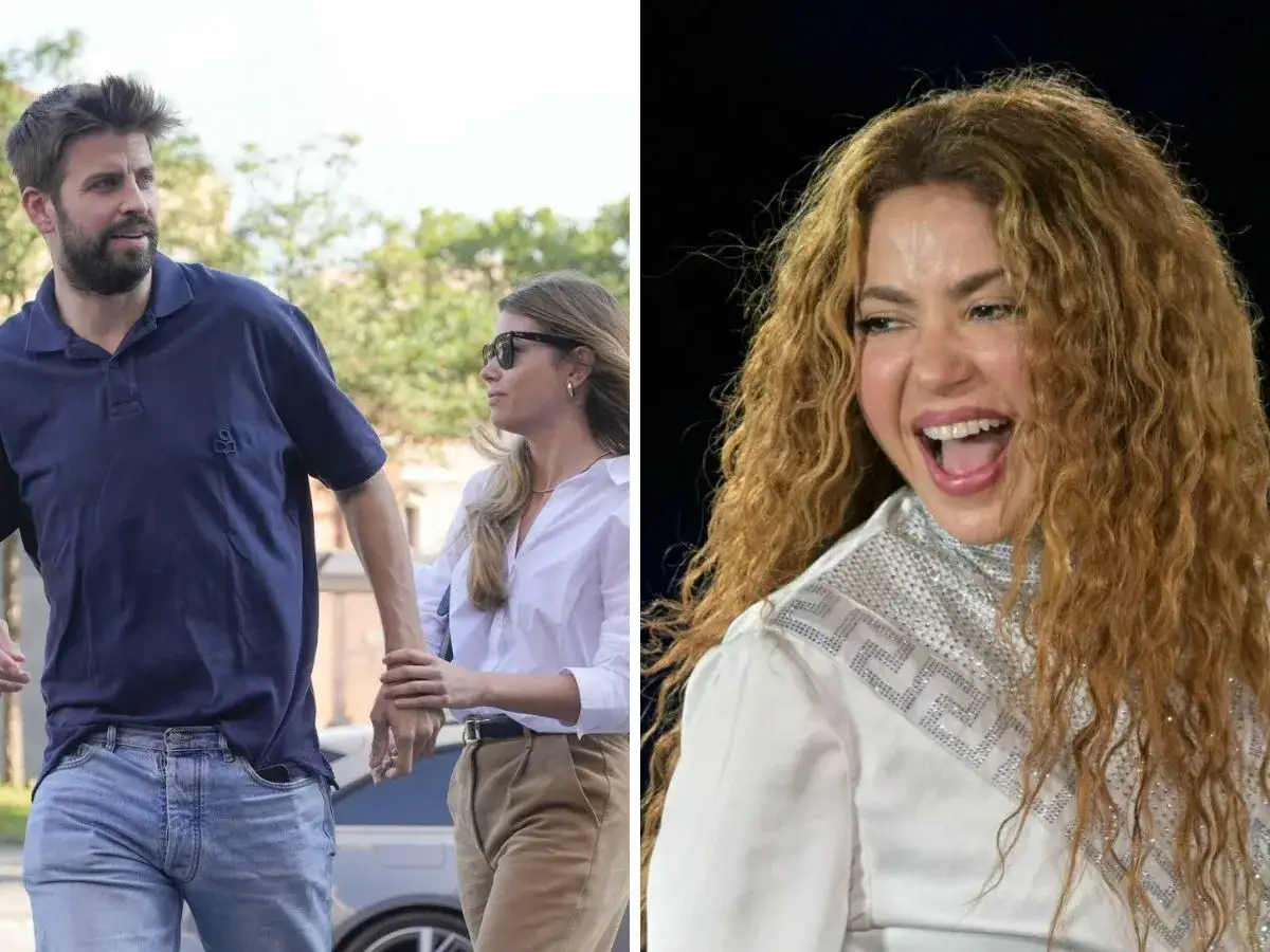 Gerard Piqué z Clarą Chía Marti spacerują, podczas gdy Shakira śpiewa na scenie.