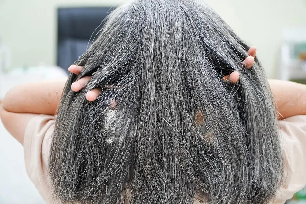 Długie, siwe włosy w odcieniach srebra i grafitu, delikatnie przeczesywane palcami. Inspiracja, jak nosić siwe włosy z godnością.
